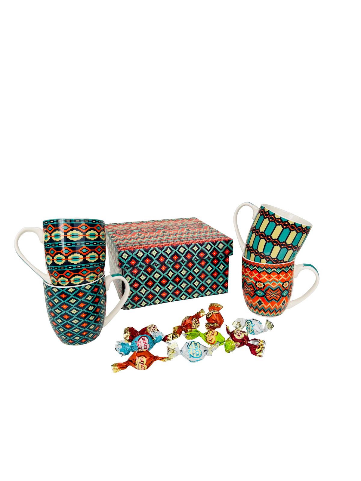Juego 4 Tazas Cerámica Étnicas con chocoballs