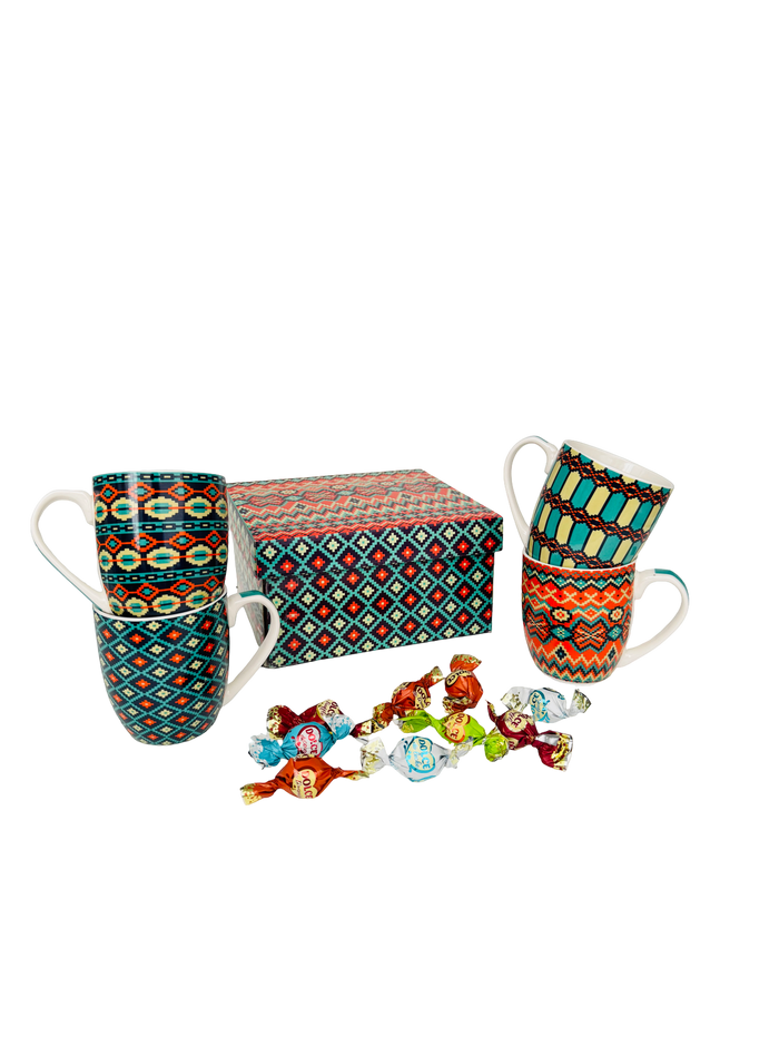 Juego 4 Tazas Cerámica Étnicas con chocoballs